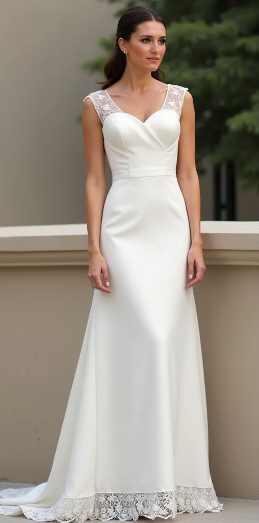 Elegant satin wedding dress with a sweetheart neckline, lace-trimmed cap sleeves, and a scalloped lace hem – a refined and timeless bridal gown. | فستان زفاف ساتان أنيق بياقة على شكل قلب مع أشرطة دانتيل وحافة مزينة بالدانتيل لإطلالة زفاف راقية | Vestido de novia de satén con escote corazón, tirantes de encaje y dobladillo bordado – ideal para bodas clásicas y elegantes. | Robe de mariée en satin avec encolure cœur, manches en dentelle et finitions raffinées – parfaite pour une mariée sophistiquée.