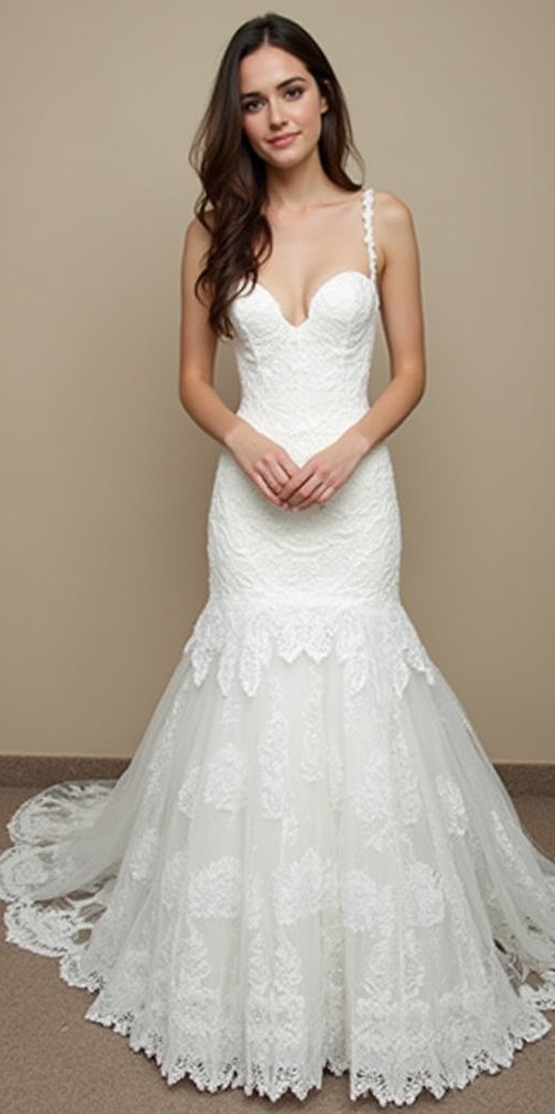 A stunning lace mermaid wedding dress with a sweetheart neckline, fitted bodice, and a dramatic lace train – perfect for elegant brides.
فستان زفاف حورية مذهل من الدانتيل مع فتحة صدر على شكل قلب، وكورسيه أنيق، وذيل درامي من الدانتيل – مثالي للعروس الراقية.
Un impresionante vestido de novia sirena de encaje con escote corazón, corpiño ajustado y una cola de encaje dramática – perfecto para novias elegantes.