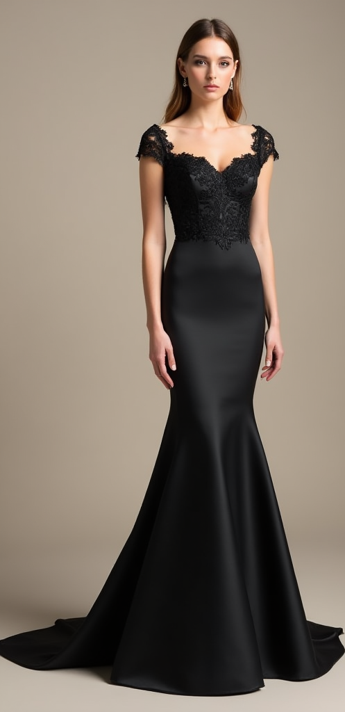 A breathtaking black satin wedding dress featuring a lace bodice with cap sleeves, a mermaid silhouette, and a dramatic floor-length train – the perfect gown for bold, modern brides.
فستان زفاف أسود مذهل من الساتان مزود بكورسيه دانتيل وأكمام قصيرة، وقصة حورية ساحرة مع ذيل فاخر يصل للأرض – مثالي للعروس العصرية والجريئة.
Un impresionante vestido de novia negro de satén con corpiño de encaje, mangas cortas y una silueta de sirena con cola larga – ideal para novias modernas y atrevidas.