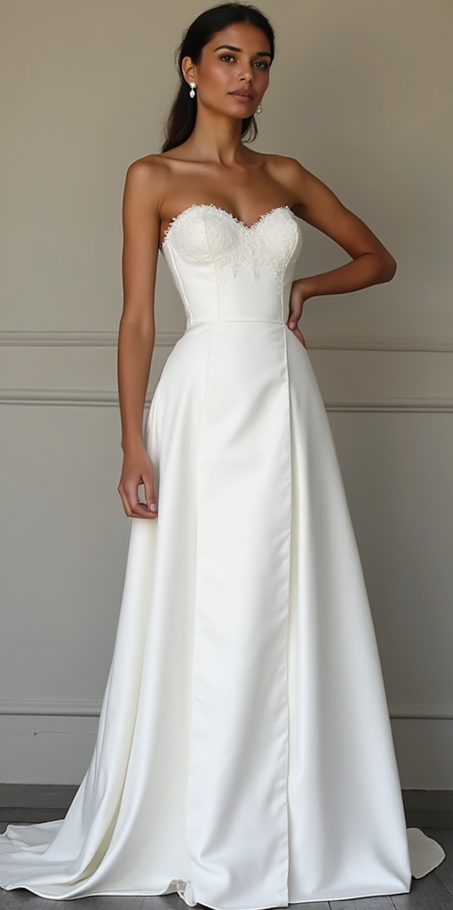 Elegant strapless satin A-line wedding dress featuring a sweetheart neckline, lace-trimmed bodice, and a flowing satin skirt – a perfect blend of timeless and modern bridal fashion. | فستان زفاف ساتان بدون أكمام بقصة A-Line مع كورسيه دانتيل وحافة أنيقة لمظهر زفاف كلاسيكي راقٍ | Vestido de novia de satén sin tirantes con escote corazón, corsé de encaje y falda fluida – ideal para bodas elegantes. | Robe de mariée en satin avec encolure cœur, corset en dentelle et silhouette fluide – parfaite pour une mariée 