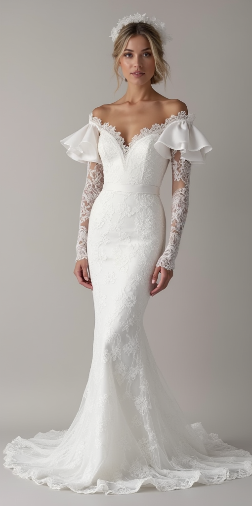 Off-the-shoulder lace wedding gown with satin ruffle sleeves, mermaid silhouette, and long lace sleeves – a dreamy and elegant bridal look. | فستان زفاف دانتيل بأكمام منسدلة وتصميم حورية البحر – لمسة رومانسية أنيقة للعروس | Vestido de novia con mangas caídas de satén, encaje y silueta sirena – sofisticado y romántico.