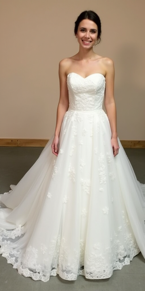 Strapless A-line wedding dress with sweetheart neckline, lace bodice, and flowing train – perfect for a classic bridal look. | فستان زفاف بدون حمالات بتصميم A-Line ورقبة على شكل قلب بتطريز دانتيل فاخر | Vestido de novia sin tirantes con escote corazón, encaje y falda con cola larga.