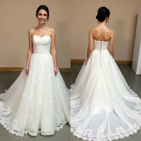 🔹 Strapless A-line wedding dress
🔹 Elegant bridal gown with lace appliqué
🔹 Sweetheart neckline wedding dress
🔹 Classic lace wedding gown with train
🔹 Bridal dress with chapel-length train