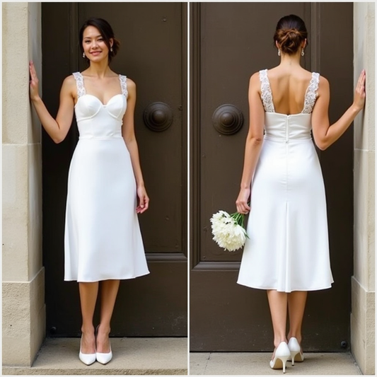 🔹 Tea-length wedding dress | فستان زفاف بطول ميدي | Vestido de novia midi
🔹 Modern minimalist bridal gown | فستان زفاف عصري بسيط | Vestido de novia moderno minimalista
🔹 Civil ceremony wedding dress | فستان زفاف للحفلات المدنية | Vestido de novia para ceremonia civil
🔹 A-line midi wedding gown | فستان زفاف ميدي بقصة واسعة | Vestido de novia midi línea A
🔹 Elegant lace strap wedding dress | فستان زفاف دانتيل أنيق بحمالات | Vestido de novia elegante con tirantes de encaje