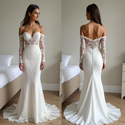 🔹 Off-the-shoulder lace wedding dress
🔹 Elegant mermaid bridal gown with illusion sleeves
🔹 Romantic sweetheart neckline lace wedding dress
🔹 Luxury lace and satin fitted wedding gown
🔹 Classic long-sleeve wedding dress with train
🔹 Vintage-inspired bridal gown with corset bodice
🔹 Modern and timeless wedding dress with lace back