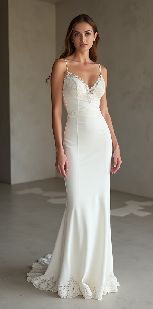 Elegant satin wedding dress with lace-trimmed bodice, spaghetti straps, and a mermaid silhouette – perfect for modern brides seeking timeless elegance. | فستان زفاف ساتان أنيق مع دانتيل ناعم وأحزمة رفيعة بتصميم حورية البحر لمظهر راقٍ | Vestido de novia de satén con escote corazón y detalles de encaje – ideal para bodas elegantes. | Robe de mariée en satin avec décolleté en dentelle et coupe sirène – parfaite pour un mariage chic et romantique.
