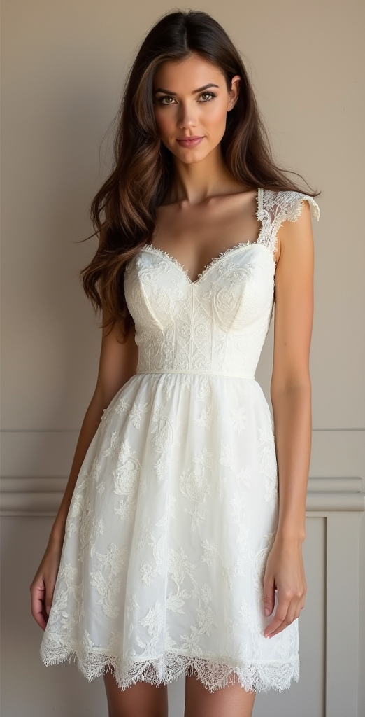 Elegant short lace wedding dress with a structured sweetheart bodice, cap sleeves, and scalloped lace hemline – a timeless and romantic bridal choice. | فستان زفاف قصير أنيق بكورسيه دانتيل، أكمام قصيرة، وحافة مزينة بالدانتيل لمظهر زفاف كلاسيكي ناعم | Vestido de novia corto de encaje con escote corazón, mangas de encaje y falda de línea A – ideal para bodas civiles y recepciones. | Robe de mariée courte en dentelle avec bustier ajusté et manches délicates – parfaite pour une mariée élégante et moderne.