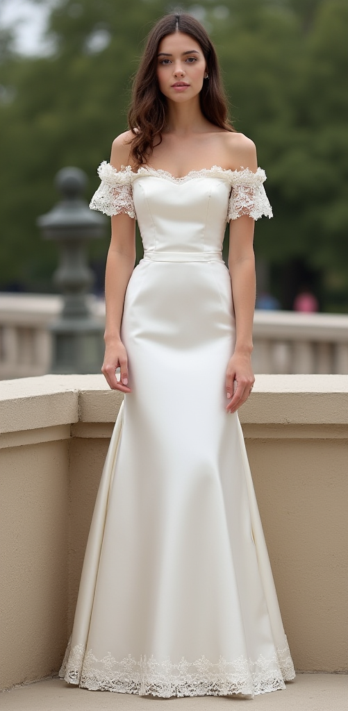  Elegant off-the-shoulder satin wedding dress with lace-trimmed sleeves, a sculpted bodice, and a flowing mermaid skirt – a sophisticated and timeless bridal choice. | فستان زفاف ساتان بأكتاف مكشوفة وتفاصيل دانتيل راقية لمظهر أنثوي ساحر | Vestido de novia de satén con hombros descubiertos y detalles de encaje fino – ideal para bodas clásicas y elegantes. | Robe de mariée en satin avec épaules dénudées et finitions en dentelle – parfaite pour une mariée moderne et romantique.