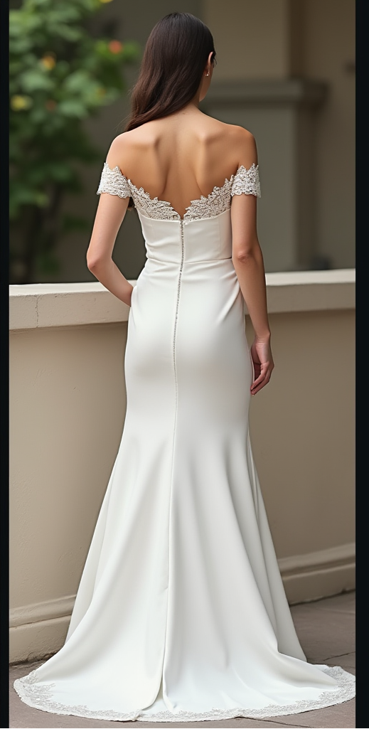 Chic mermaid bridal gown with an open-back design, off-the-shoulder lace sleeves, and a satin train with lace embellishments – a perfect mix of classic and modern style. | فستان زفاف فاخر بظهر مكشوف وأكمام دانتيل مكشوفة وتنورة طويلة بتفاصيل دانتيل راقية | Vestido de novia sirena con espalda descubierta, mangas de encaje y una elegante cola de satén – sofisticado y moderno. | Robe de mariée sirène avec dos nu, manches en dentelle et traîne fluide – idéale pour une mariée audacieuse et raffinée.