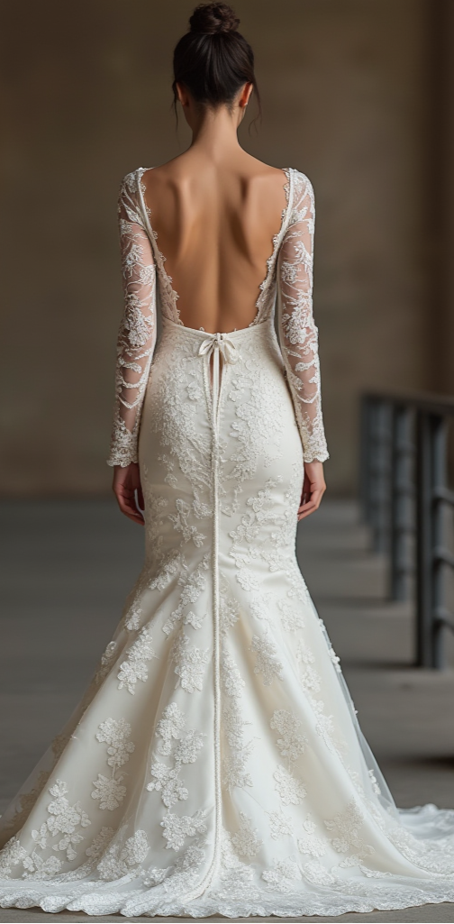 Timeless satin and lace bridal gown with a low open back, lace tie-up detail, and mermaid silhouette – perfect for an elegant wedding. | فستان زفاف كلاسيكي بظهر مفتوح وربطة دانتيل جذابة مع تصميم حورية البحر | Vestido de novia de encaje con espalda descubierta y detalle de lazo – sofisticado y chic. | Robe de mariée dos nu avec dentelle et coupe sirène – idéale pour une allure élégante et audacieuse.