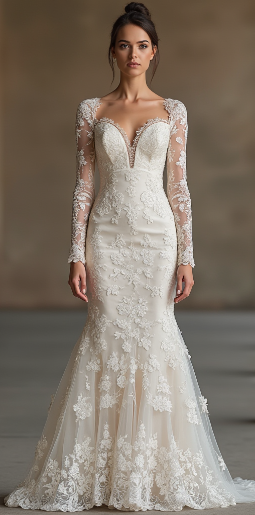 Elegant satin mermaid wedding dress with a deep sweetheart neckline, lace-embellished bodice, and detachable sheer lace sleeves – a luxurious and modern bridal choice. | فستان زفاف ساتان بقصة حورية البحر مع ياقة عميقة وتفاصيل دانتيل راقية وأكمام شفافة قابلة للإزالة | Vestido de novia corte sirena de satén con escote profundo, encaje bordado y mangas desmontables – ideal para bodas elegantes. | Robe de mariée sirène en satin avec encolure en cœur, dentelle délicate et manches amovibles – parfaite pour une ma