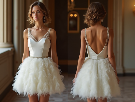 🔹 White feather cocktail dress
🔹 Luxury satin mini dress for evening events
🔹 Glamorous A-line dress with pearl details
🔹 Elegant open-back satin dress
🔹 Chic and feminine feather-trimmed dress
🔹 Designer evening dress with beaded straps
🔹 Sophisticated white mini dress for parties
