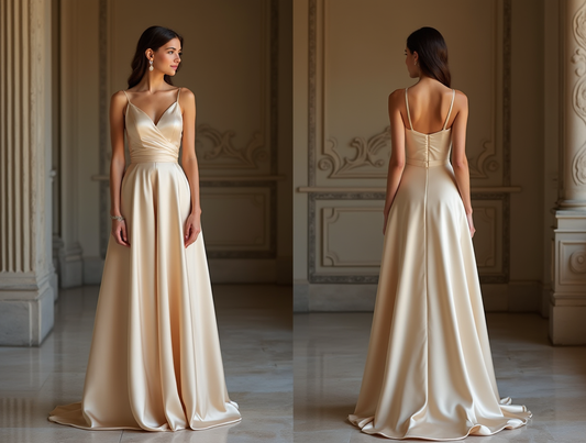 🔹 Champagne satin evening gown
🔹 Luxury A-line formal dress
🔹 Elegant V-neck satin dress
🔹 Formal gala dress with flowing skirt
🔹 Sophisticated spaghetti strap gown
🔹 Designer satin dress for weddings and red carpet events
🔹 Timeless and refined formal dress