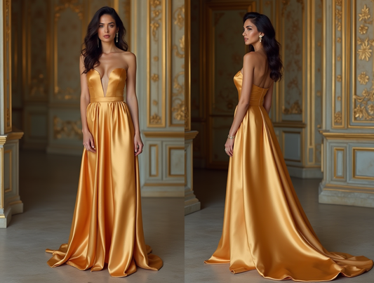 🔹 Gold satin evening gown
🔹 Luxury strapless A-line formal dress
🔹 Elegant deep V-neck gown for gala nights
🔹 Designer evening dress with flowing train
🔹 Statement satin dress for high-end occasions
🔹 Golden dress for red carpet and black-tie events
🔹 Regal and sophisticated evening wear