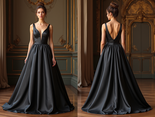 🔹 Black satin ball gown | فستان سهرة أسود ساتان | Vestido de gala negro de satén
🔹 V-neck evening dress | فستان سهرة بياقة V | Vestido de noche con escote en V
🔹 Floor-length formal dress | فستان رسمي طويل | Vestido formal hasta el suelo
🔹 Elegant black gala gown | فستان أسود أنيق للحفلات | Vestido negro elegante para gala
🔹 Luxury evening dress | فستان سهرة فاخر | Vestido de noche de lujo

