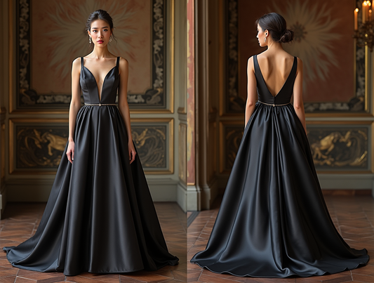 🔹 Black satin ball gown | فستان سهرة أسود ساتان | Vestido de gala negro de satén
🔹 Plunging V-neck evening dress | فستان سهرة بياقة V عميقة | Vestido de noche con escote en V profundo
🔹 Luxury black evening gown | فستان سهرة فاخر أسود | Vestido de noche de lujo negro
🔹 Elegant A-line dress for formal events | فستان A-Line أنيق للمناسبات الرسمية | Vestido en A-Line elegante para eventos formales
🔹 High-end floor-length gown | فستان طويل راقٍ وفخم | Vestido largo de alta gama