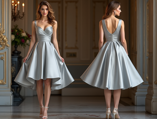 🔹 Silver satin evening dress | فستان سهرة فضي ساتان | Vestido de noche plateado de satén
🔹 Elegant high-low dress | فستان عالي-منخفض أنيق | Vestido elegante asimétrico
🔹 A-line cocktail dress | فستان كوكتيل بقصة A-Line | Vestido de cóctel con silueta A-Line
🔹 Formal satin gown | فستان ساتان رسمي | Vestido formal de satén
🔹 Chic silver dress for special events | فستان فضي أنيق للمناسبات الخاصة | Vestido plateado chic para eventos especiales