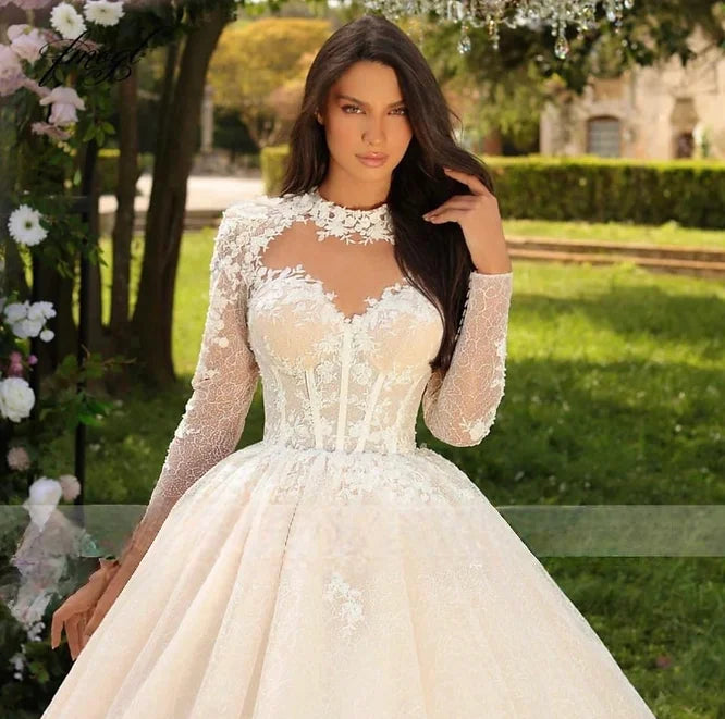 Luxury lace ball gown long puff sleeve embroidery O-neck open back sweep train bride wedding dress