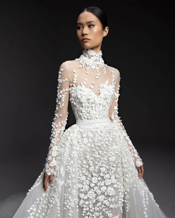 Vintage High Neck Wedding Dresses Appliques Lace A-line Dress For Bride Graceful Floor-length Bridal Gown Vestido De Novia