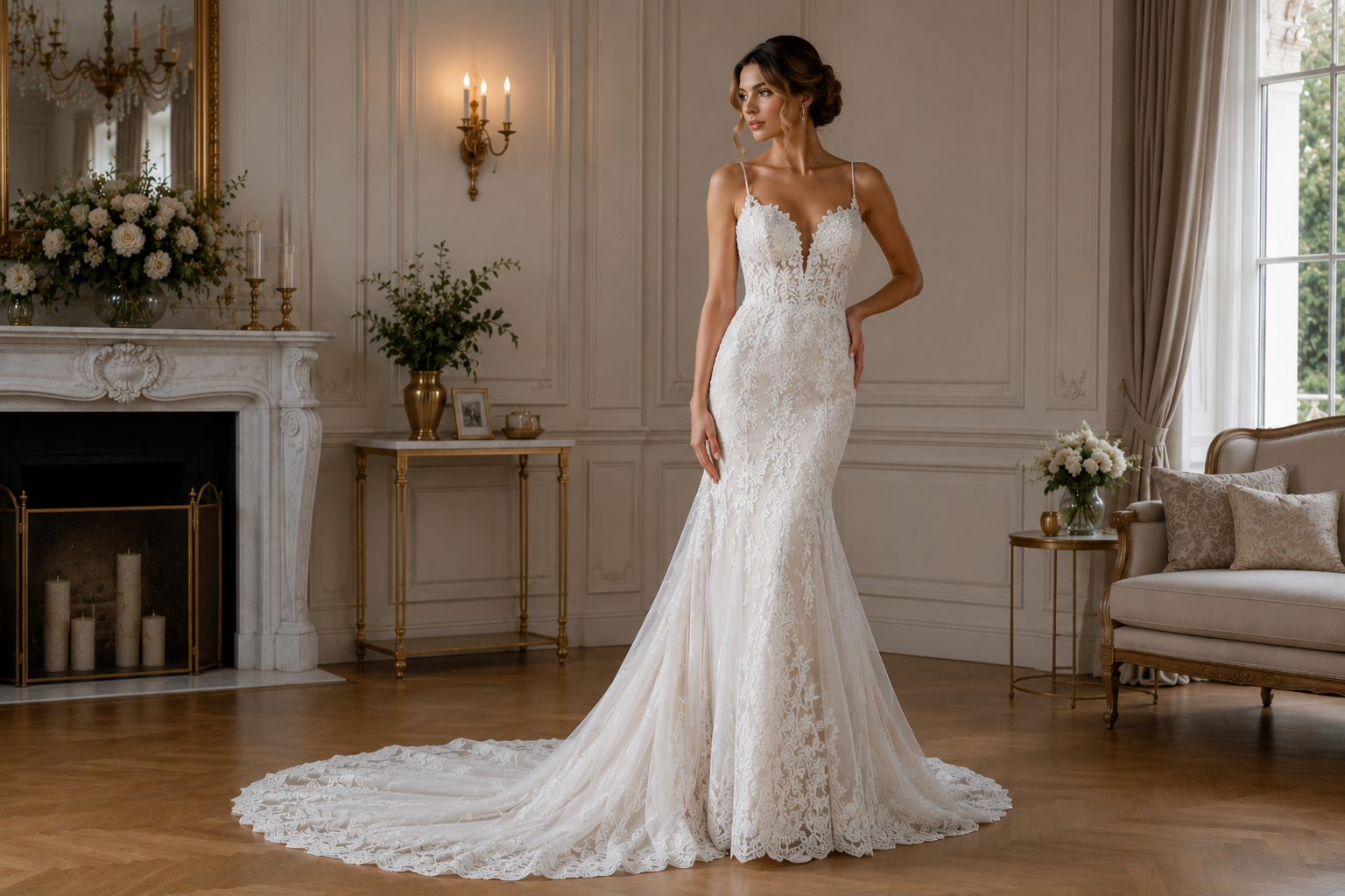 Bride wearing a fitted mermaid lace wedding dress with a long train, posing gracefully in a luxurious bridal interior with marble fireplace, classic moldings, and elegant furniture.1621243260e1af0c20-1