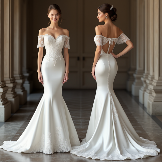 🔹 Ivory satin wedding dress
🔹 Mermaid-style bridal gown
🔹 Luxury lace wedding gown
🔹 Off-shoulder bridal dress
🔹 Elegant satin and lace wedding gown
🔹 Designer wedding dress with long train
🔹 Romantic lace-trimmed bridal dress