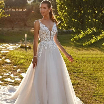 A-line tulle see-through sleeveless lace appliques V-neck bride gown buttons sexy wedding dress