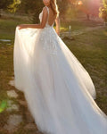 See-through tulle sleeveless V-neck lace A-line sexy buttons bride wedding dress side view