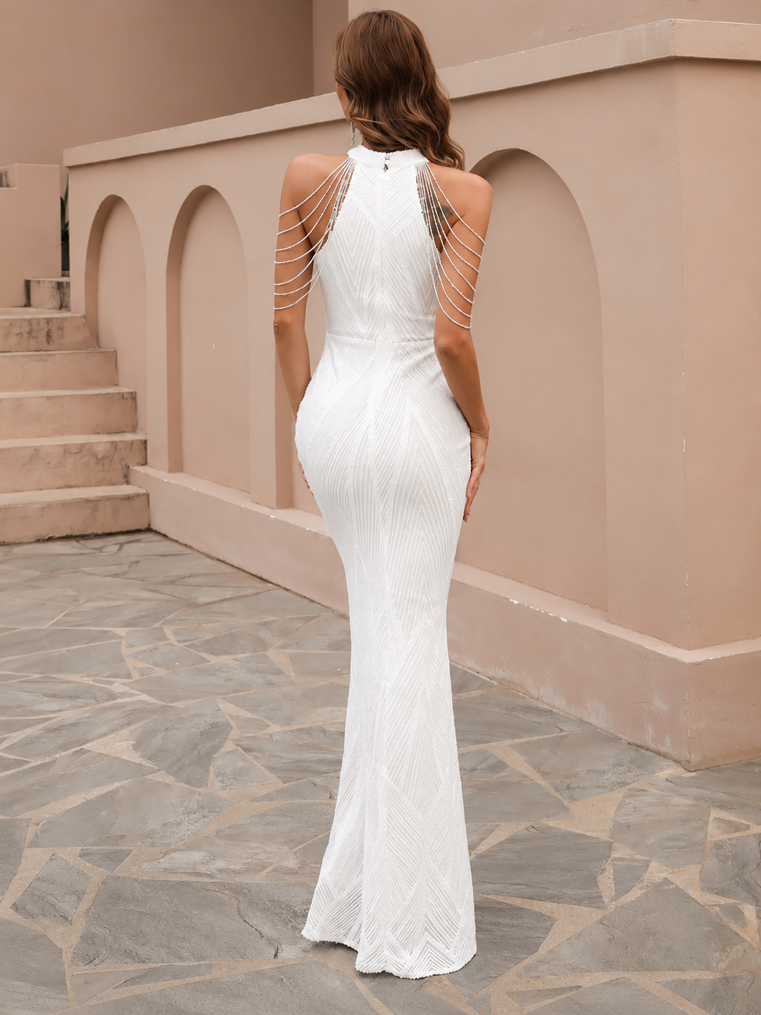 Missord White Sequin Wedding Party Dress Elegant Women Halter Sleeveless Tassel Beading Bodycon Prom Evening - 