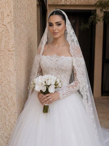 Luxury Lace Ball Gown Wedding Dress with Long Sleeves – Elegant Princess Bridal Gown, Romantic Modest Wedding Dress for Bride