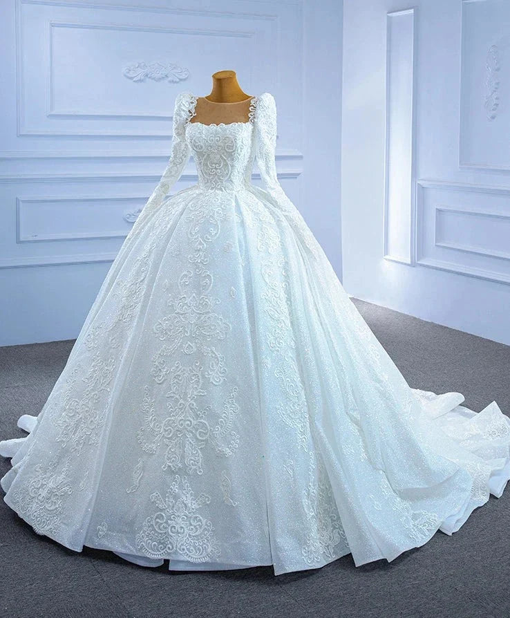 A Line Full Sleeves Lace Wedding Dress Pearls Beaded Floor Length Vestido de Novia Court Train Bridal Gowns