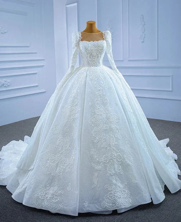A Line Full Sleeves Lace Wedding Dress Pearls Beaded Floor Length Vestido de Novia Court Train Bridal Gowns