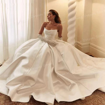 Simple satin A-line pleated princess prom wedding dress formal beach party bridal gown