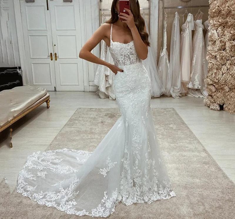 Lace mermaid long wedding dress spaghetti straps sweetheart court train bridal gown