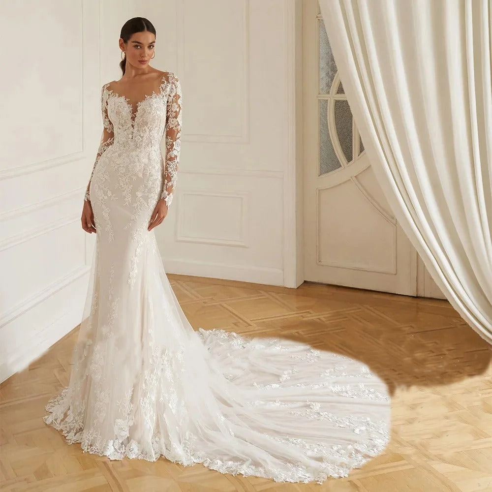 Romantic A-line wedding dress long sleeves sexy backless lace applique princess bridal gown