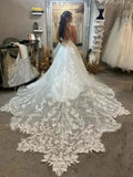 Scoop neck lace appliqued A-line modest elegant bride wedding gown bridal dress ivory