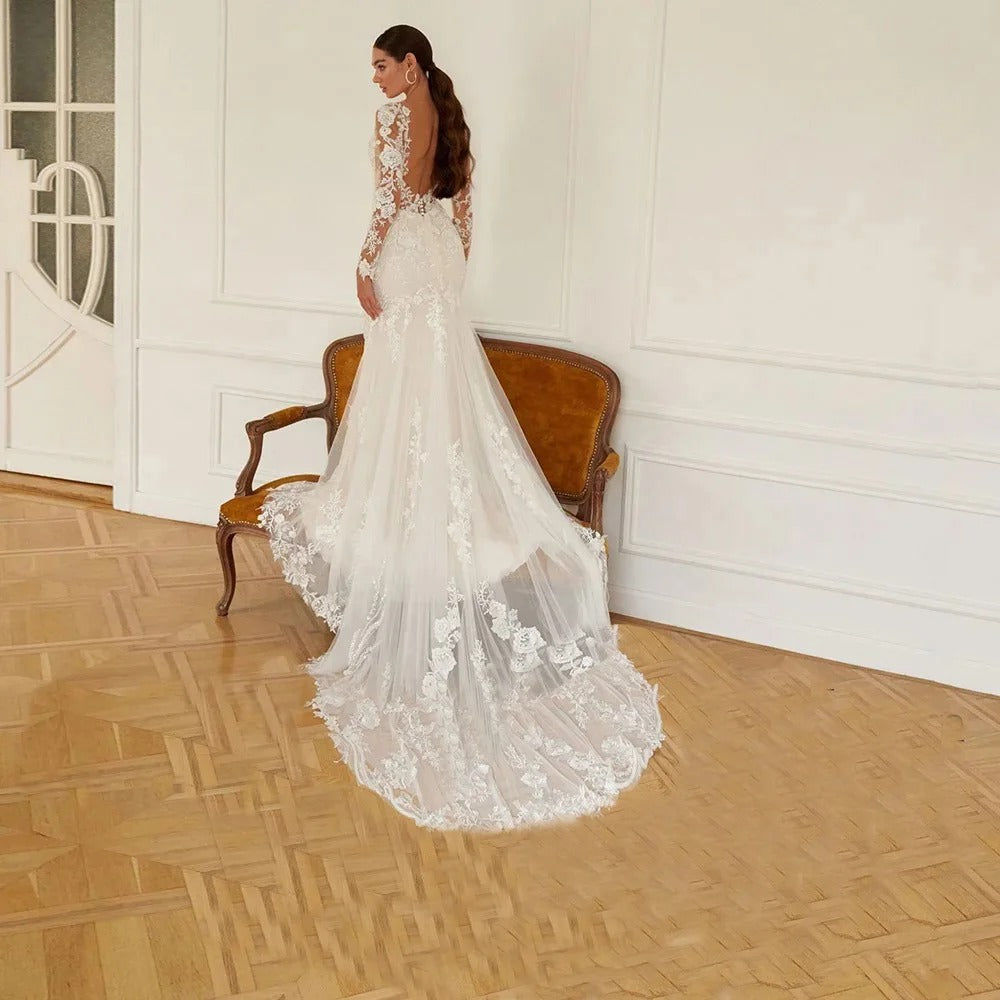 Romantic A-line wedding dress long sleeves sexy backless lace applique princess bridal gown