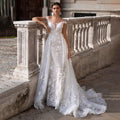 Scoop neck cap sleeve gorgeous appliques detachable train romantic princess mermaid wedding dress ivory