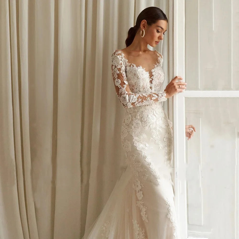 Sexy backless long sleeves lace romantic A-line princess wedding dress bridal gown side view