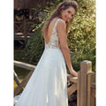 V-neck sleeveless lace tulle pleat button open back court train modern wedding dress bridal gown ivory