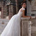 Gorgeous detachable train scoop neck romantic princess mermaid cap sleeve appliques wedding dress back view