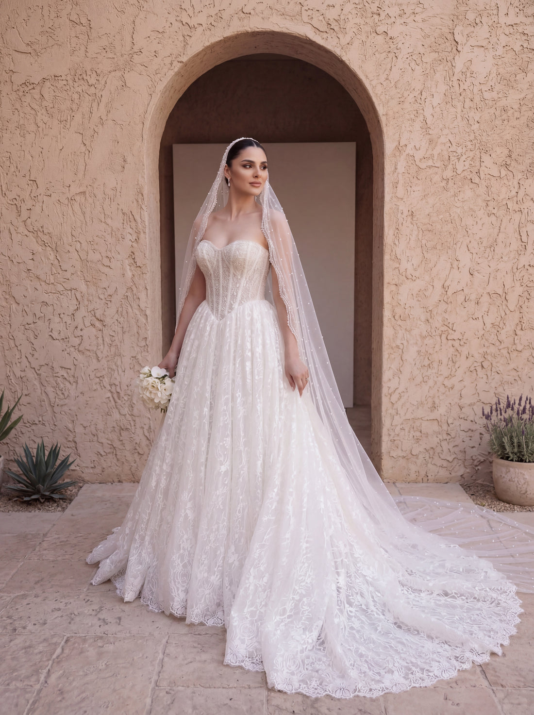 Bohemian Lace Wedding Dress with Flare Sleeves – Elegant Princess Bridal Gown, Romantic Lace Wedding Dress for Bride