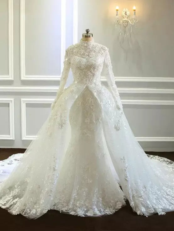 Fairytale mermaid high neck lace appliques glitter tulle custom made bridal dress women